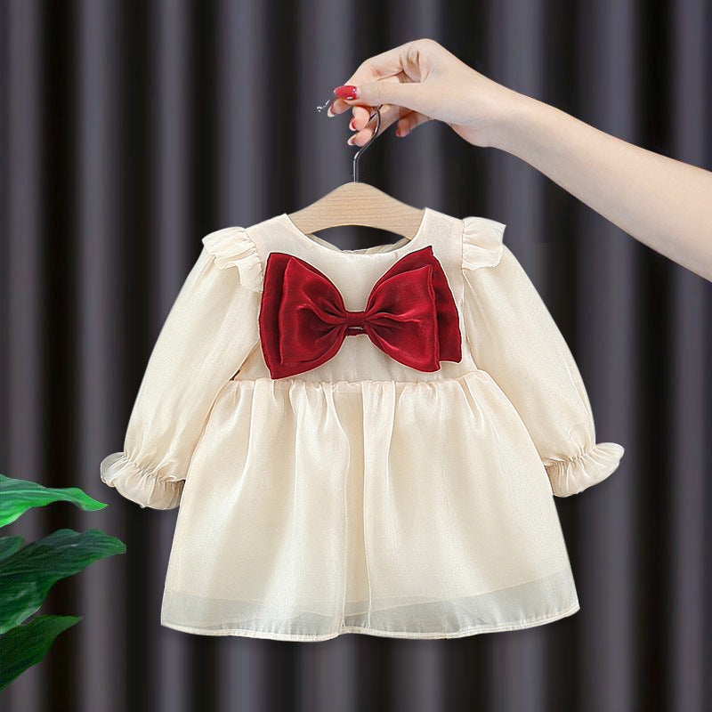 Girls' spring/autumn new korean style bowknot long-sleeve dress - princess style, chic and stylish skirt
