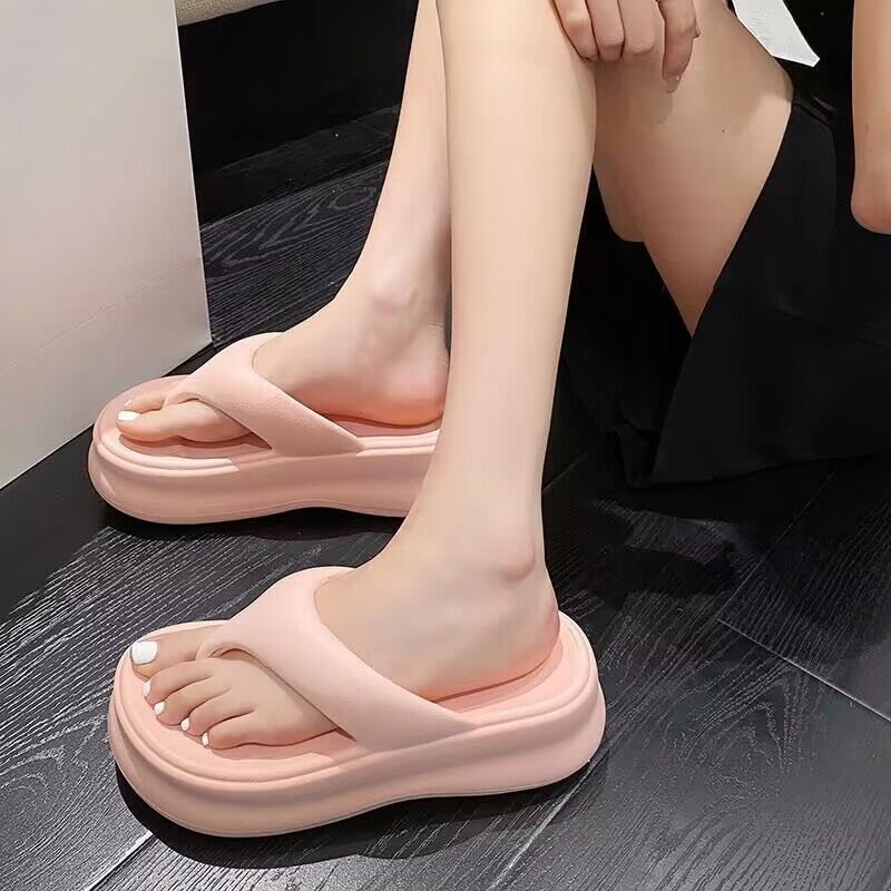 Summernew arrivalevathick sole flip-flops women's outwear height-increasing soft bottompure color flip-flops niche ins trend