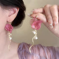 Pink tulle flower tassel earrings - women's french riviera style long earrings - unique design statement earrings