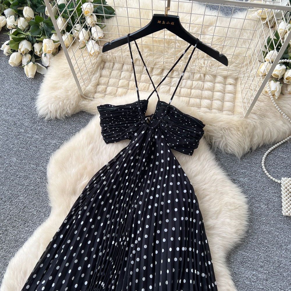 French polka dot suspender sexy backless dress women's korean style black v neck waist slimming look long skirt classy sense