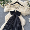 French polka dot suspender sexy backless dress women's korean style black v neck waist slimming look long skirt classy sense