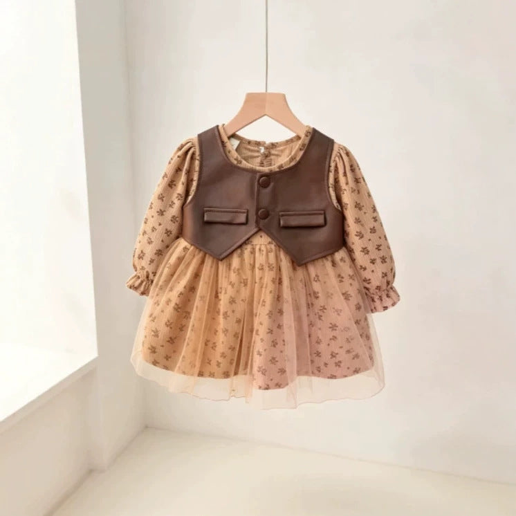Girls' long-sleeve dress - spring/autumn  new collection - princess style long-sleeve tulle dress with vest overlay (two-piece look)