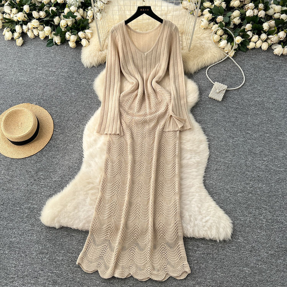 Sweater dress women's layered inner suspender skirt two-piece set spring korean style classy sense cut outknitting long skirt