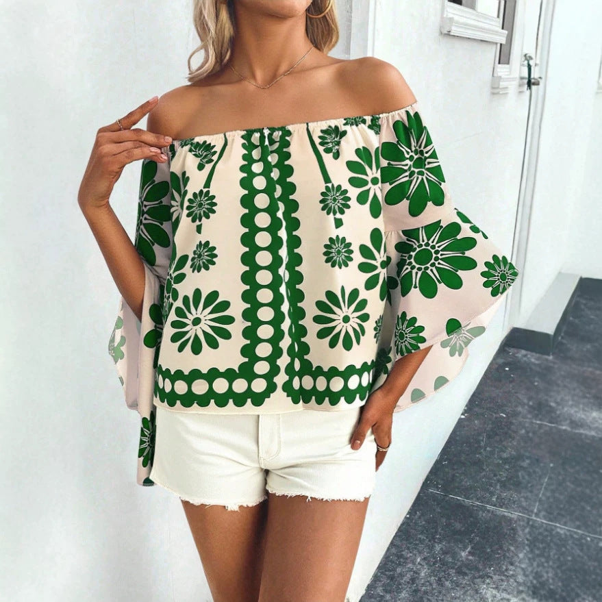 European and american style women's bohemian shirt dress - floral print, off-the-shoulder, vacation-inspired, loose fit, new arrival