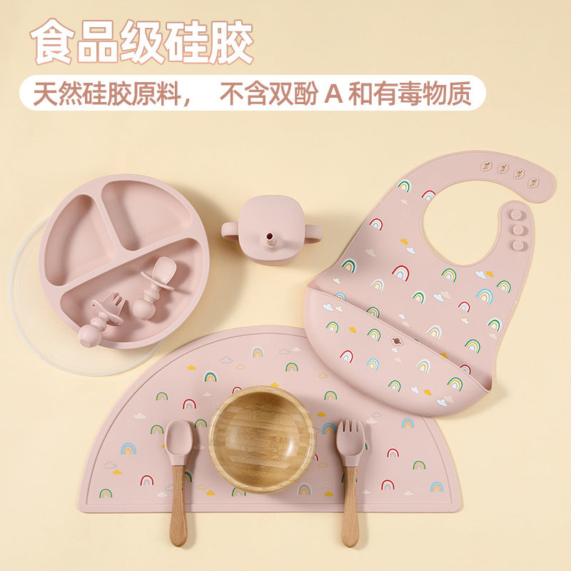 Cross-border wholesale silicone children's tableware set, children's products, complementary food bowls, forks, spoons, bibs, seven-piece tableware set
