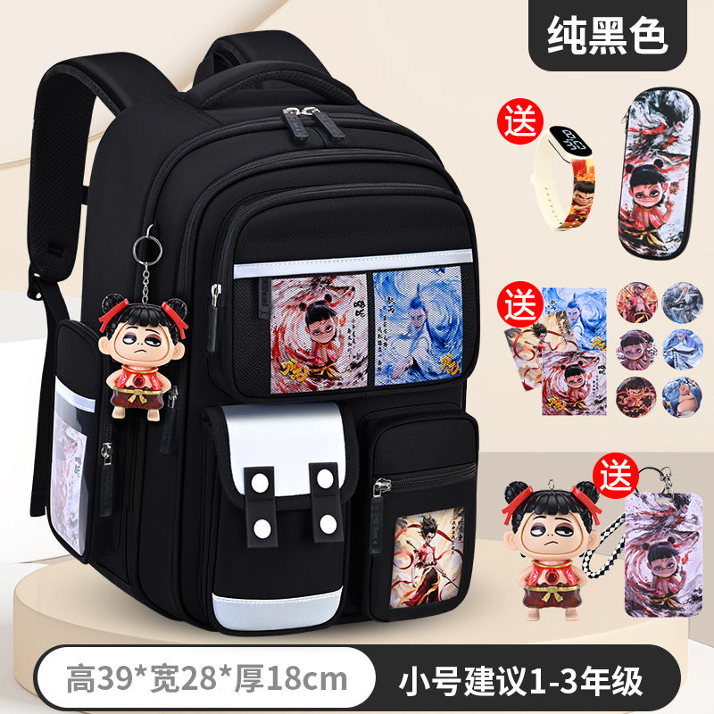 New nezha backpack for boys and girls, grades 1-6: spine protection, lightweight design, and extra-large capacity