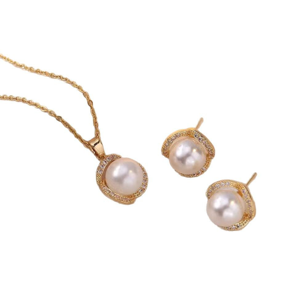 Pendant women's jewelry pearl gemstone diamond necklace earring set niche minimalist high-end design titanium steel jewelry