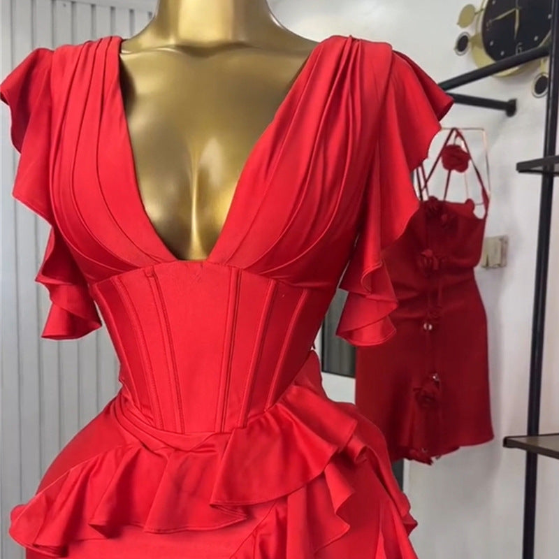 European and american cross-border women's fashion  summer new arrival: elegant v-neck ruffle trim top and asymmetrical midi skirt set