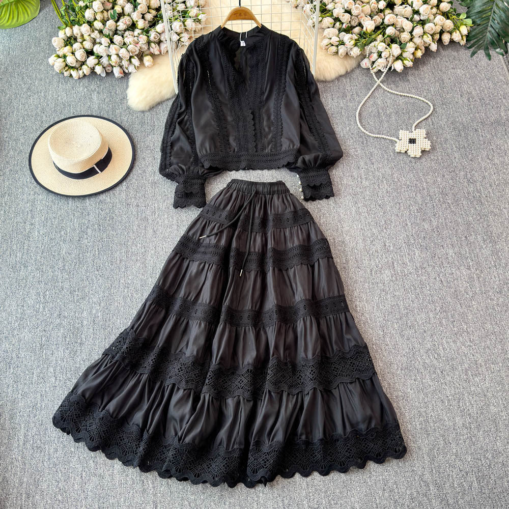 autumn socialite style lantern sleeve long-sleeve hollow-out lace patchwork blouse + a-line midi skirt set dress for women