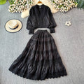 autumn socialite style lantern sleeve long-sleeve hollow-out lace patchwork blouse + a-line midi skirt set dress for women