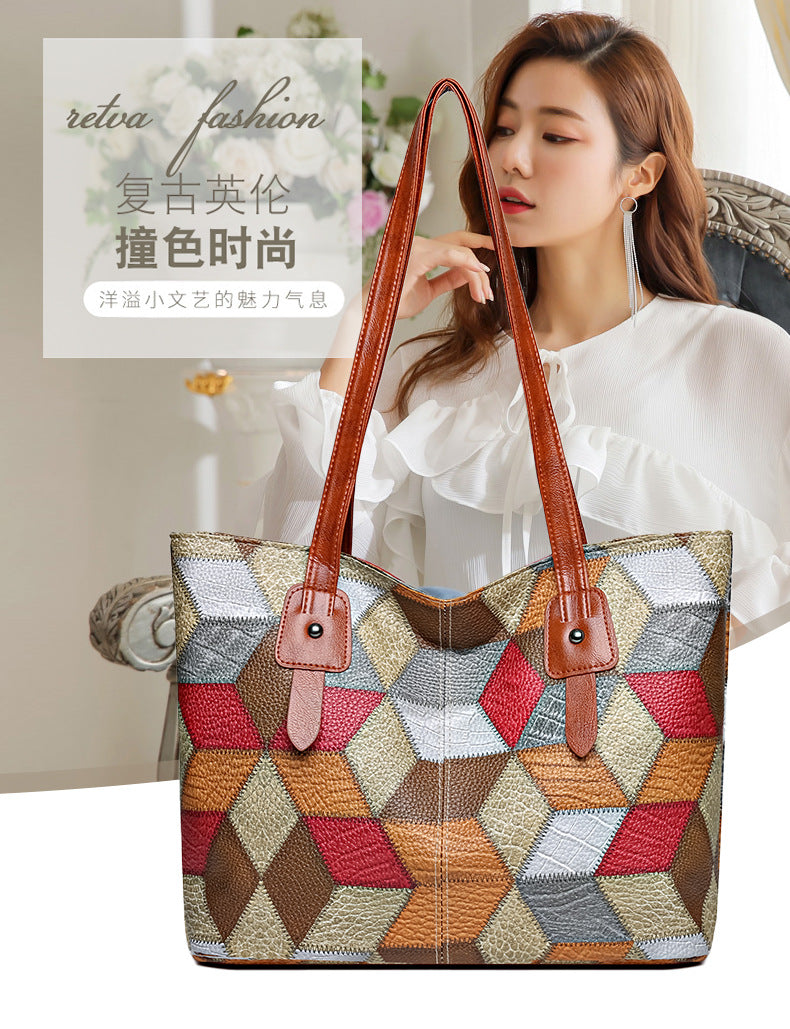 New fashionable textured patchwork shoulder bag, large capacity tote bag, versatile handbag, mom bag, commuter bag, women's bag