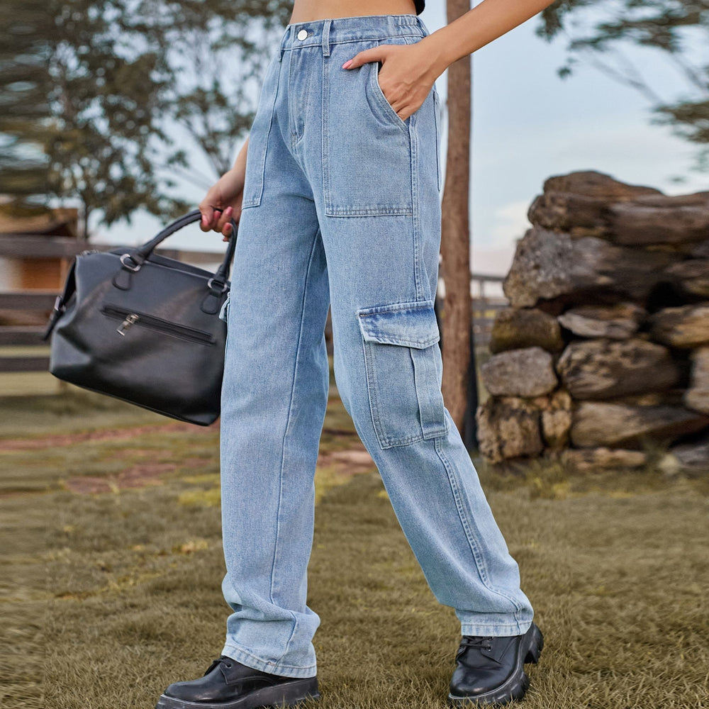 American retro european and american cross-border  new washed semi-elastic design stylish denim workwear casual pants for women