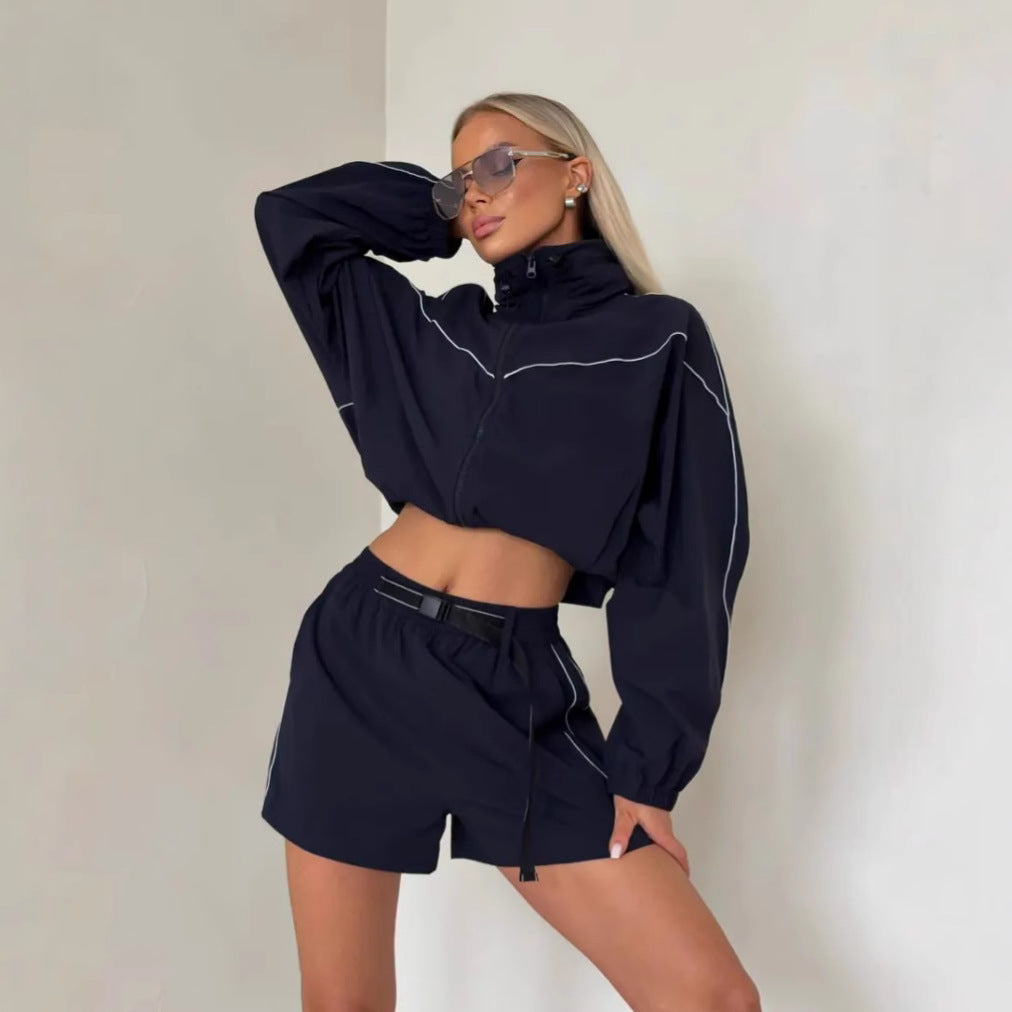 European and American  summer casual shorts set solid color long-sleeved zipper cardigan elastic shorts line two-piece set