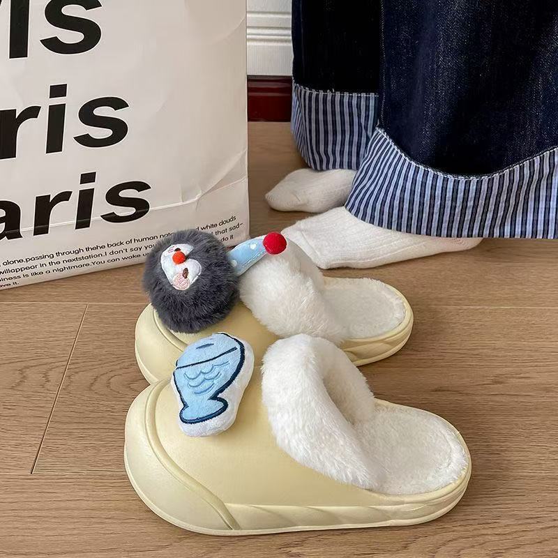 2025 winter new cartoon penguin & fish cotton slippers - thickened, warm, platform sole, detachable cotton slippers for women - wholesale