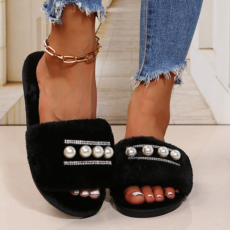 Wholesale women's plush slippers for cross-border e-commerce: new european and american style pearl-embellished one-strap fuzzy slippers, warm autumn/winter home slippers