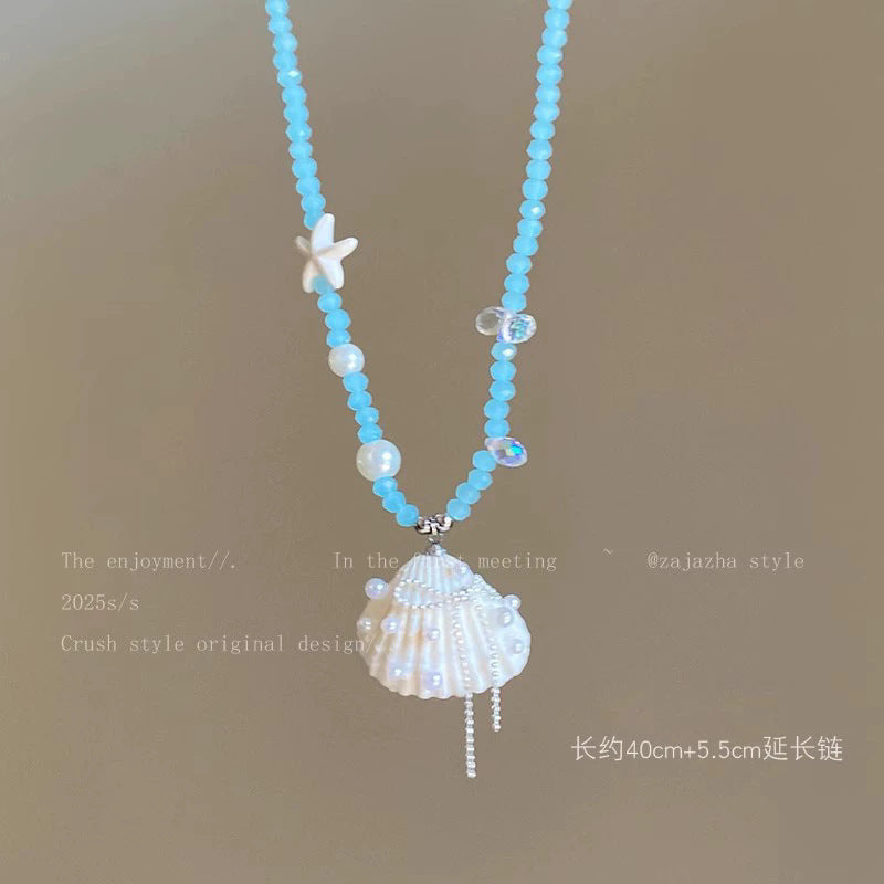 Blue starfish shell beaded necklace - women's summer beach vacation style choker - sweet, versatile, and atmosphere-boosting accessory