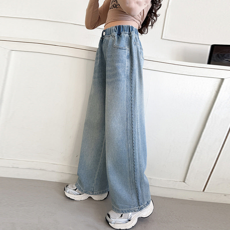 Girls' denim wide-leg pants - spring/autumn  new korean style casual trousers for children and teens - loose fit straight leg jeans