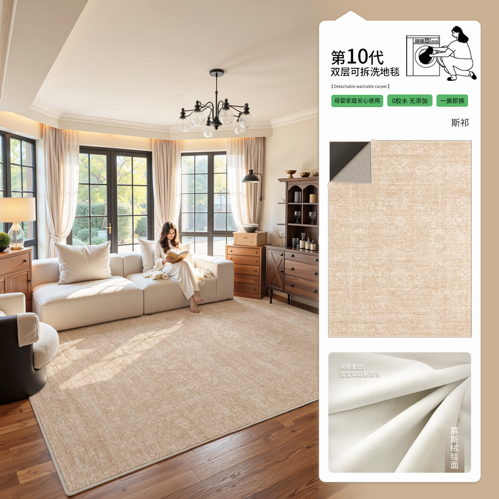 Removable and washable living room carpet, mid-century style, machine washable, double-layer sofa floor mat, high-end bedroom, no-maintenance bedside blanket