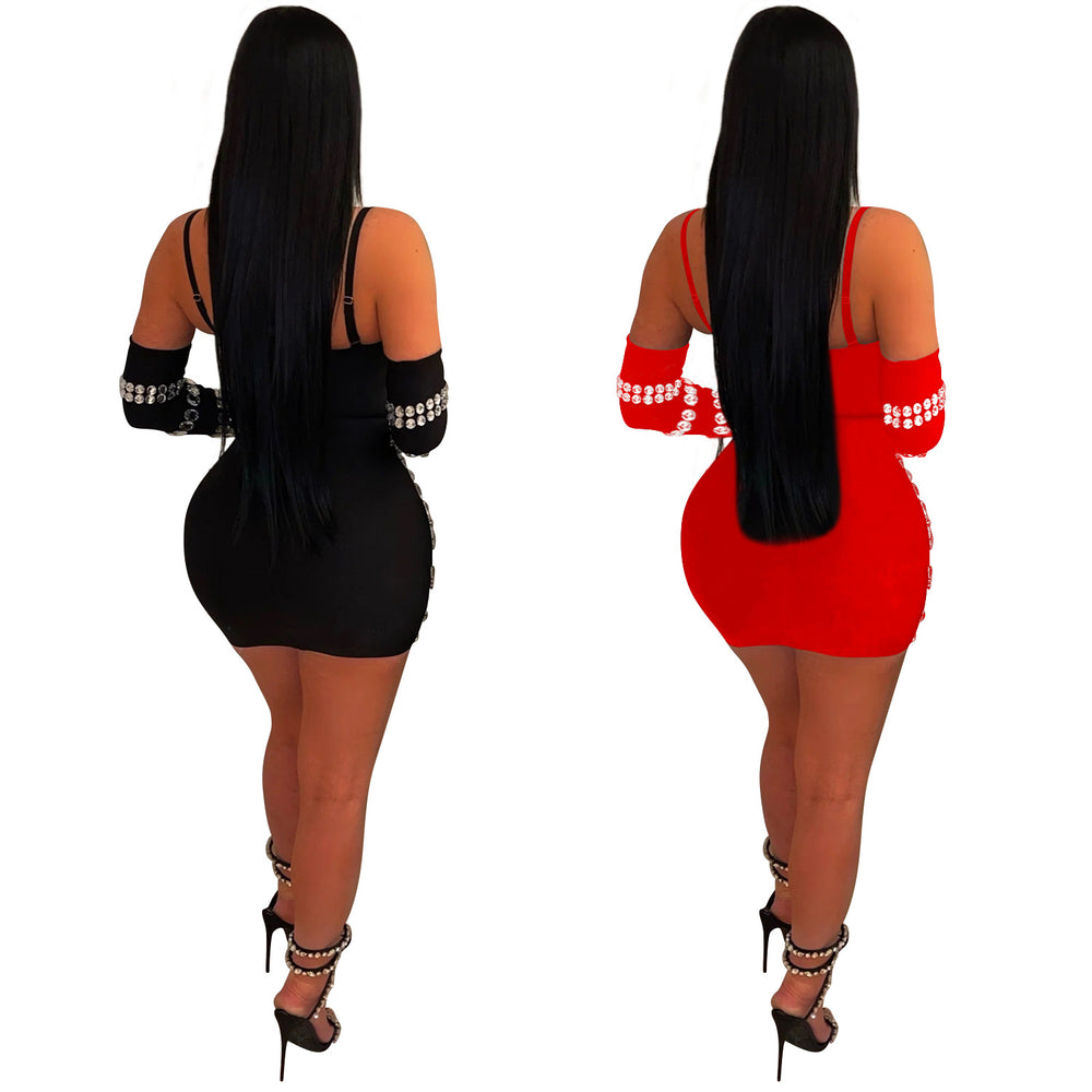 C6888 cross-border   fashion women's hotfix rhinestone sexy camisole gloves maxi dress