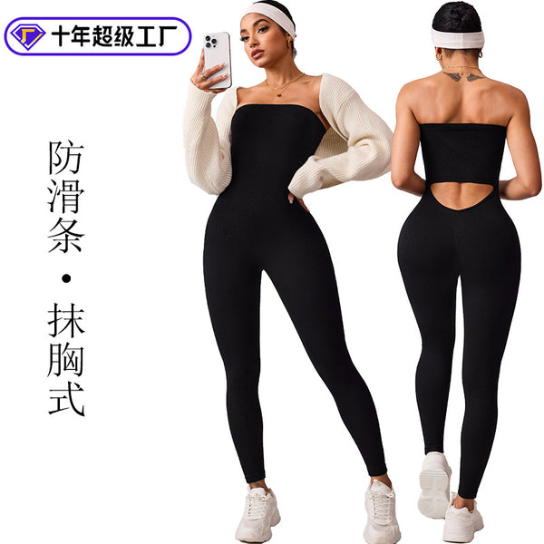 Non-slip strip tube top sports jumpsuit women's backless hip lift body tight inner yoga fitness jumpsuit