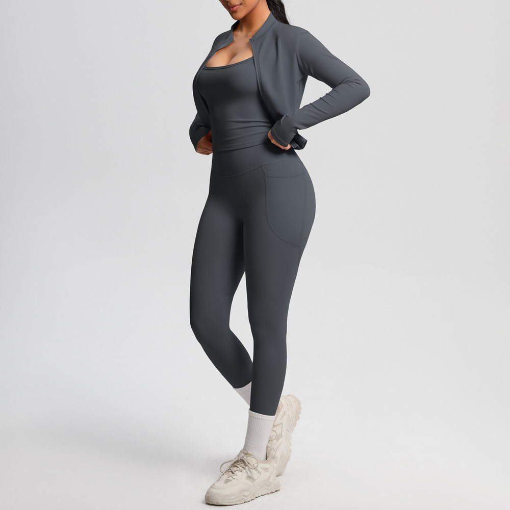 Fashion cross-border new cloud-sensing brushed sports vest flap pocket pantscasual hip-lifting fitness yoga wear three-piece set