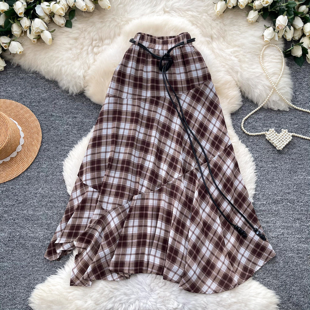 Vintage plaid midi skirt - women's high-waisted a-line swing skirt - commute-friendly fashion - coffee brown irregular patchwork maxi skirt