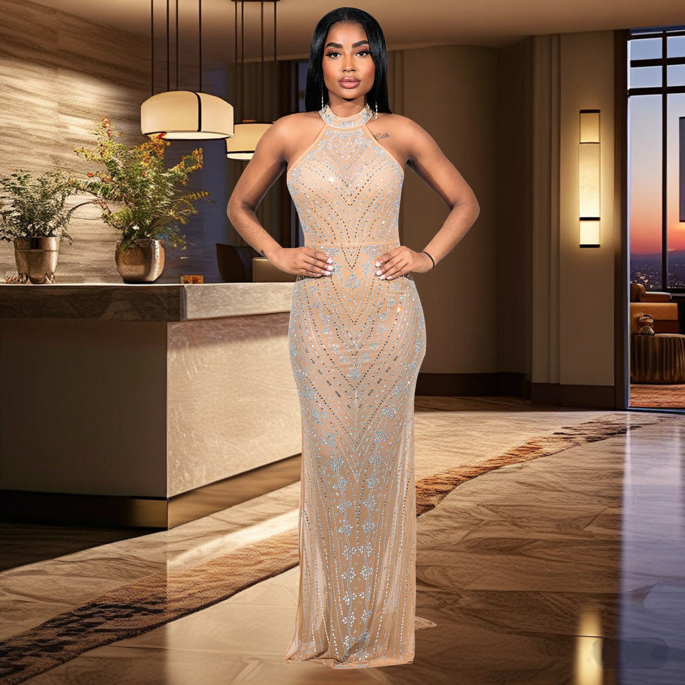 C6957 cross-border   fashion women's sexy mesh rhinestone halter bodycon dress