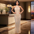 C6957 cross-border   fashion women's sexy mesh rhinestone halter bodycon dress