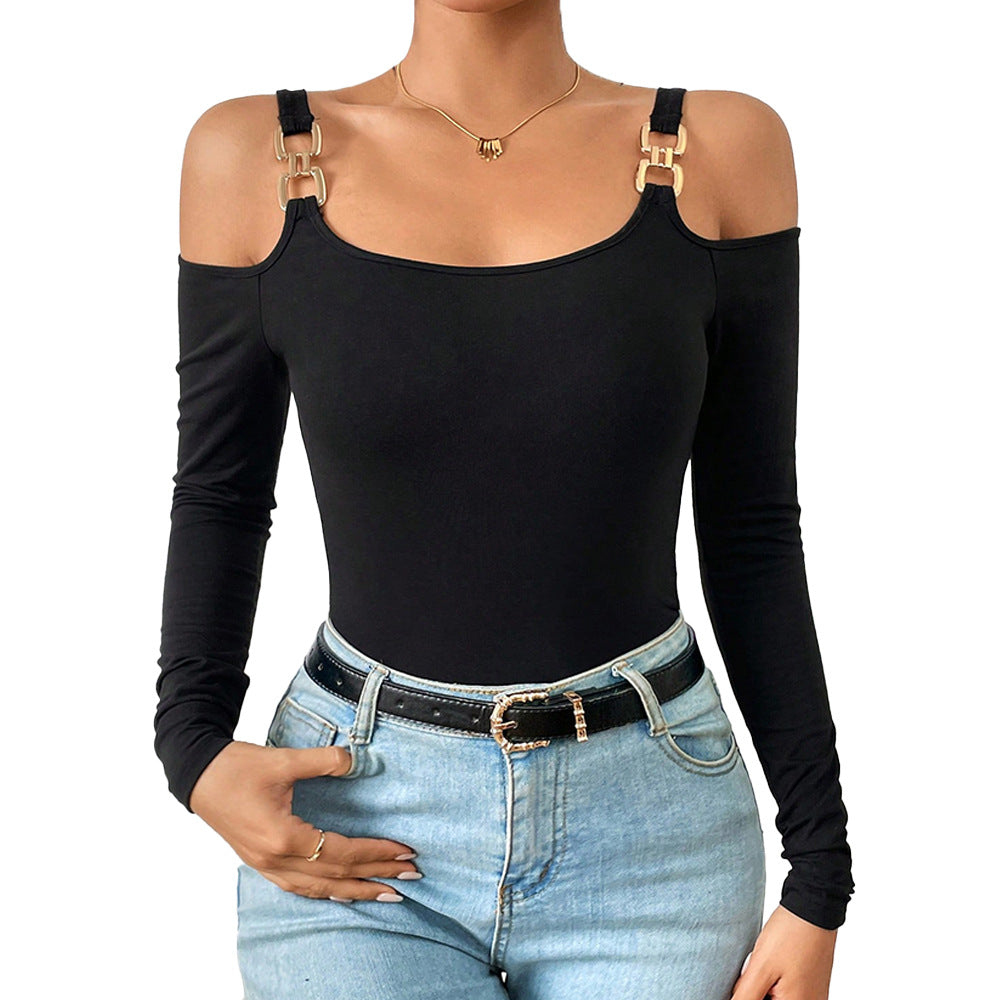 european and american women's clothing  fall/winter metallic hook long sleeve tank top ribbed knit slim fit solid color elegant top