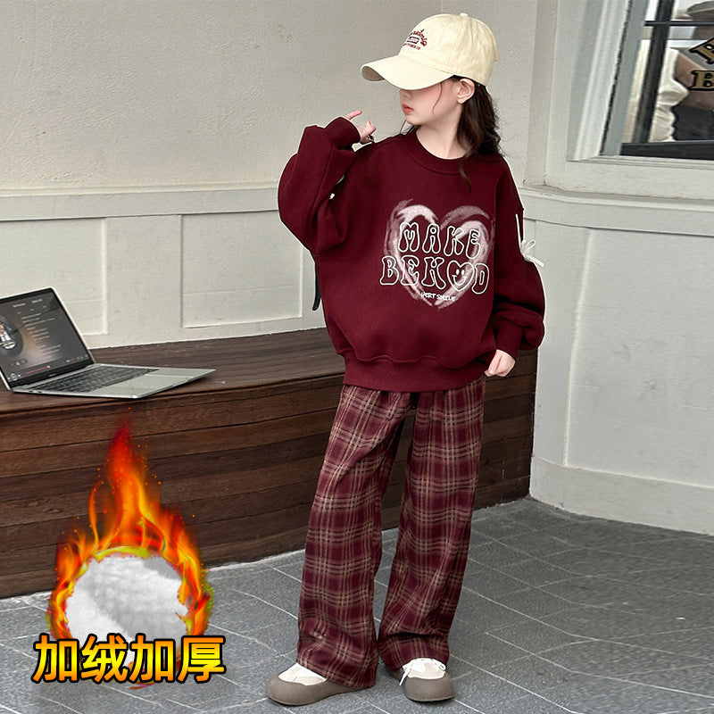 Girls' fleece-lined sweatshirt set - new autumn/winter  collection - crew neck top & plaid pants for mid-to-large children - trendy style
