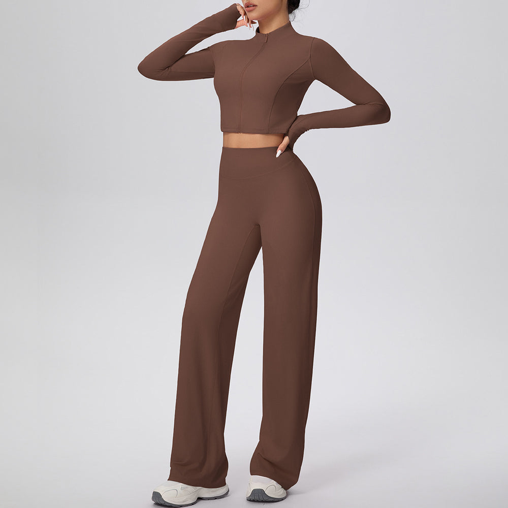 New arrival: solid color double-sided brushed fleece zip-up jacket & wide-leg yoga pants set - perfect for running, fitness, and activewear