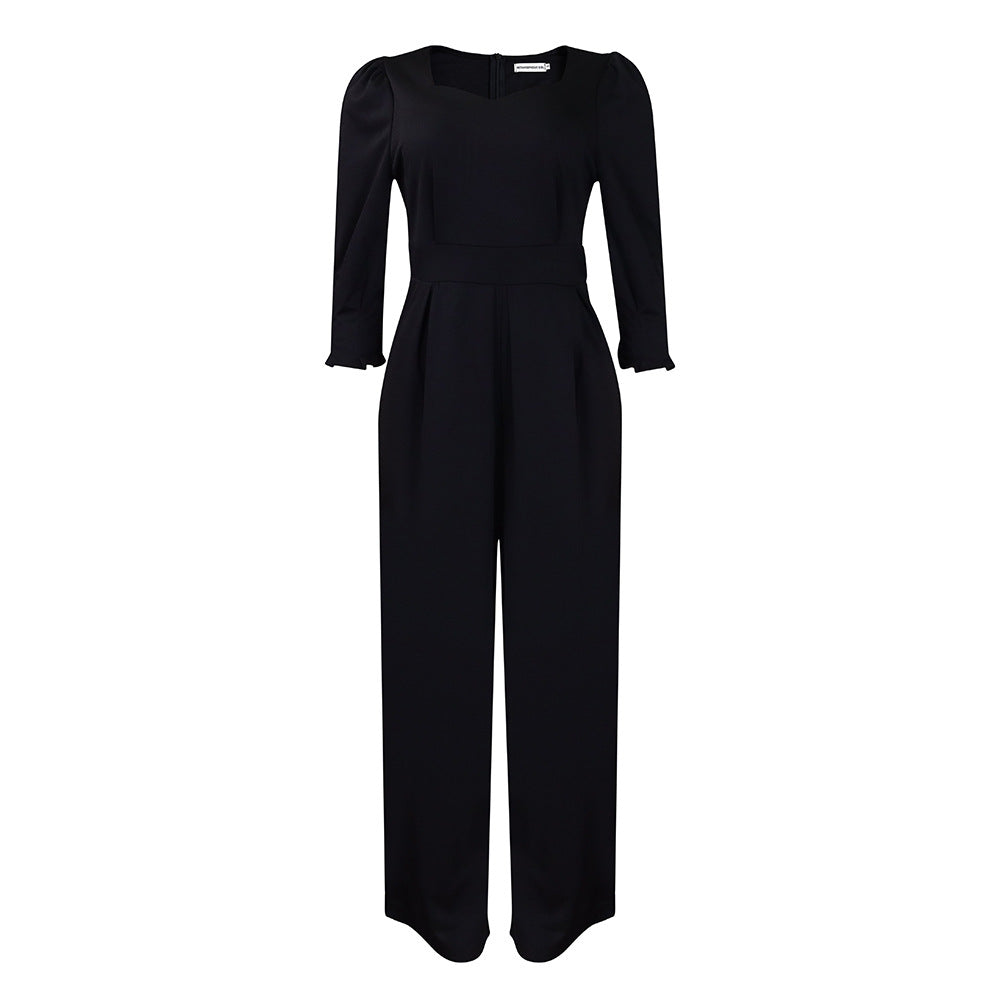 D448  independent station european and american women's clothing winter long sleeves pure color loose wide leg straight large size african jumpsuit
