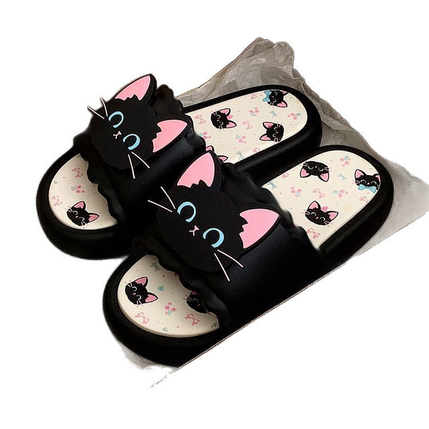 Trendy cute & cool little black cat slippers - women's summer outdoor wear, unique soft sole, non-slip indoor bedroom flip-flops