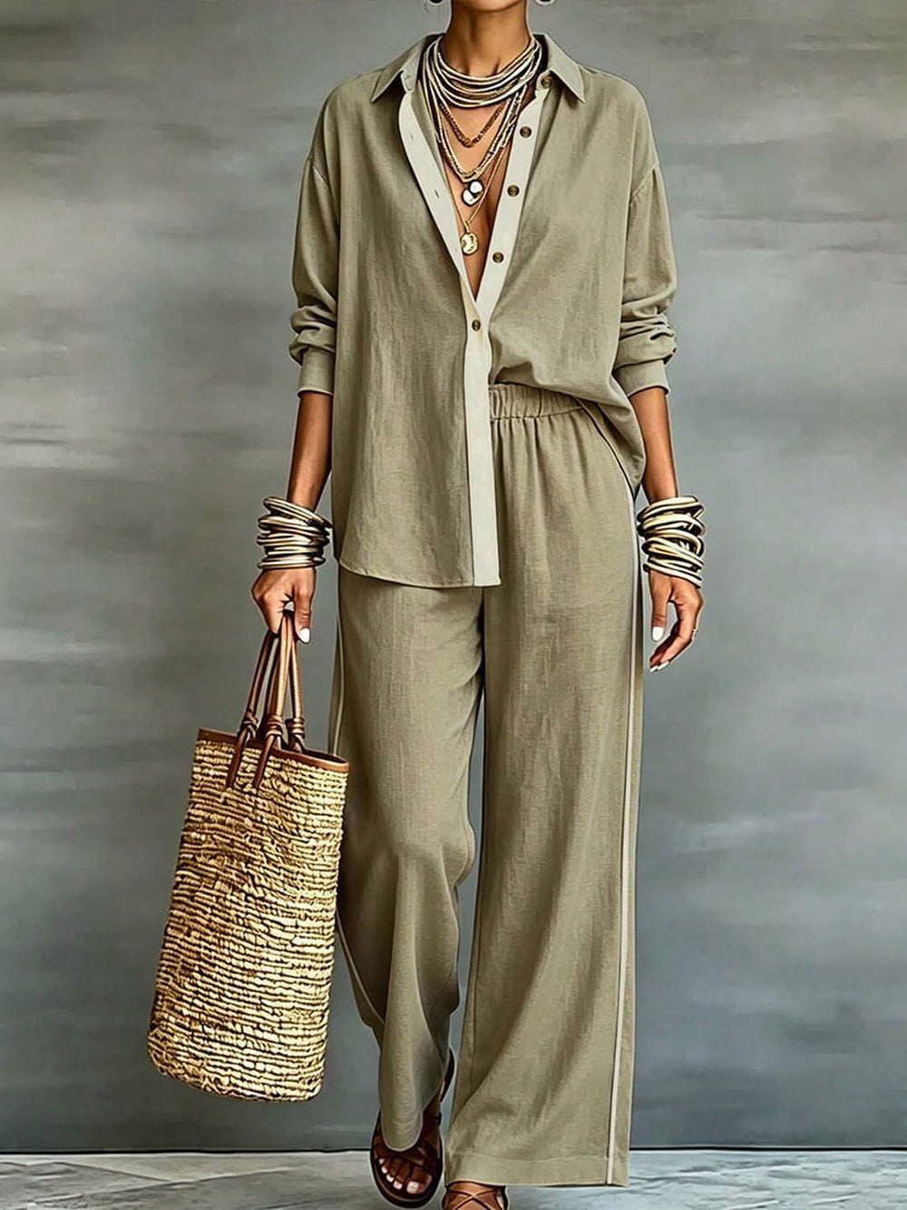 Exportplus size relaxation work clothing set retro gray linen shirt elastic waist side strips wide leg pants two-piece set