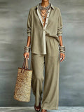 Exportplus size relaxation work clothing set retro gray linen shirt elastic waist side strips wide leg pants two-piece set