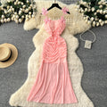Pure desire style suspender pleated mesh sleeveless dress women's summer flower decoration waist slimmingelegant long dress
