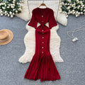 Elegant and chic v-neck metallic buckle slimming dress - women's summer french style cinched waist mermaid knit maxi dress