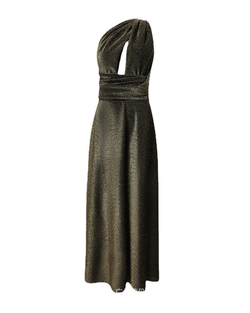 Foreign trade 2023 European and American new brown flash strap split dress