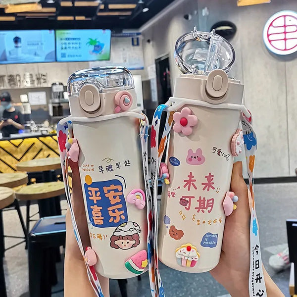 Bullet cover thermos cup female cute student portable stainless steel water cup simple and fresh Mori crossbody cartoon cup female