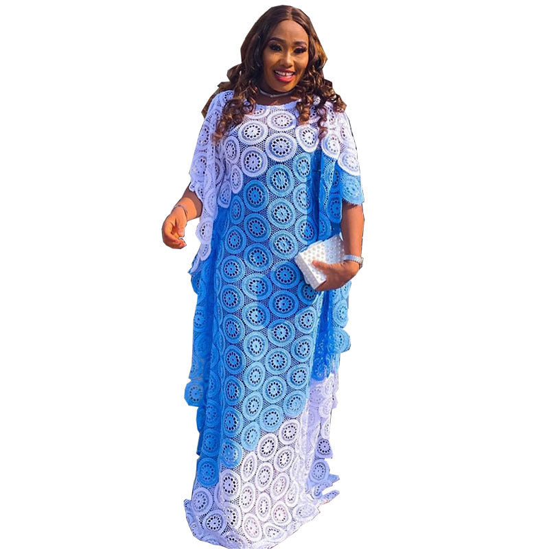 Export african women's plus size embroidered lace color block loose batwing sleeve robe maxi dress