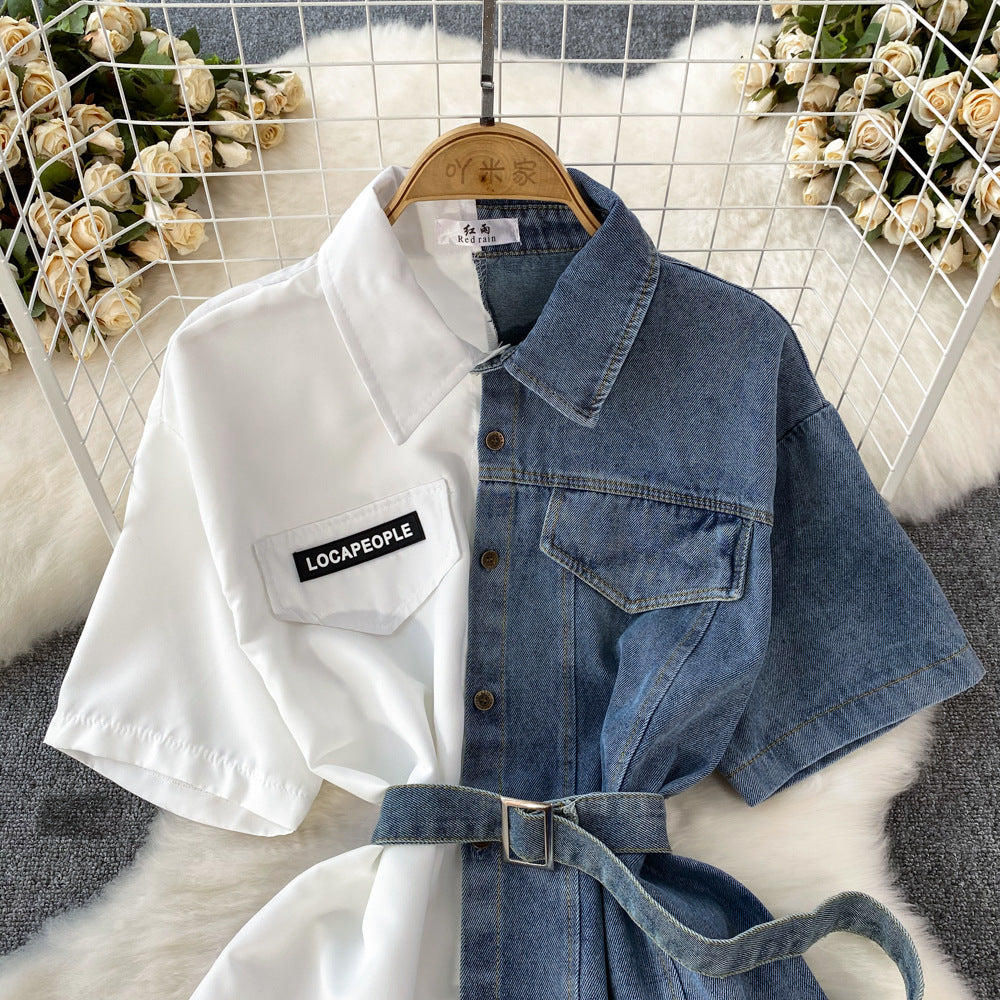 Contrast color lapel waist slimming looka single breasted shirt denim dress women's longasymmetrical t-shirt skirt