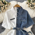 Contrast color lapel waist slimming looka single breasted shirt denim dress women's longasymmetrical t-shirt skirt