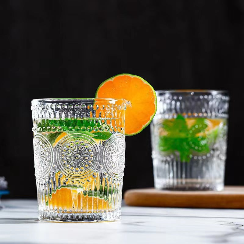 Personalizedretro sunflower glass drinking water household water cup tall style embossed breakfast cup good-looking gift