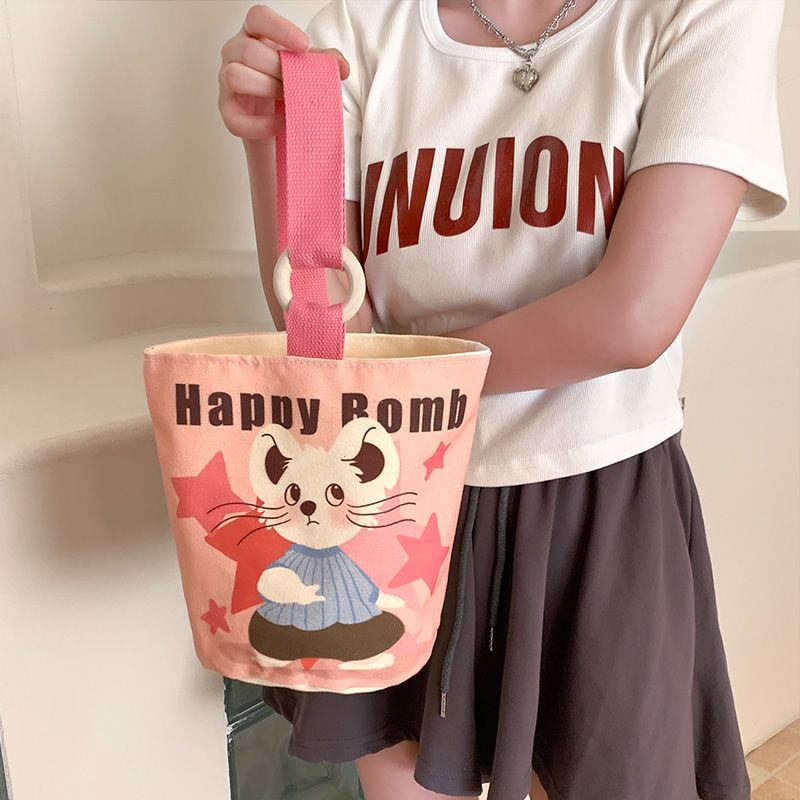 Cute cartoon canvas tote bag for women, 2024 new style handheld bucket bag, large capacity lunch bag, fashionable cloth handbag
