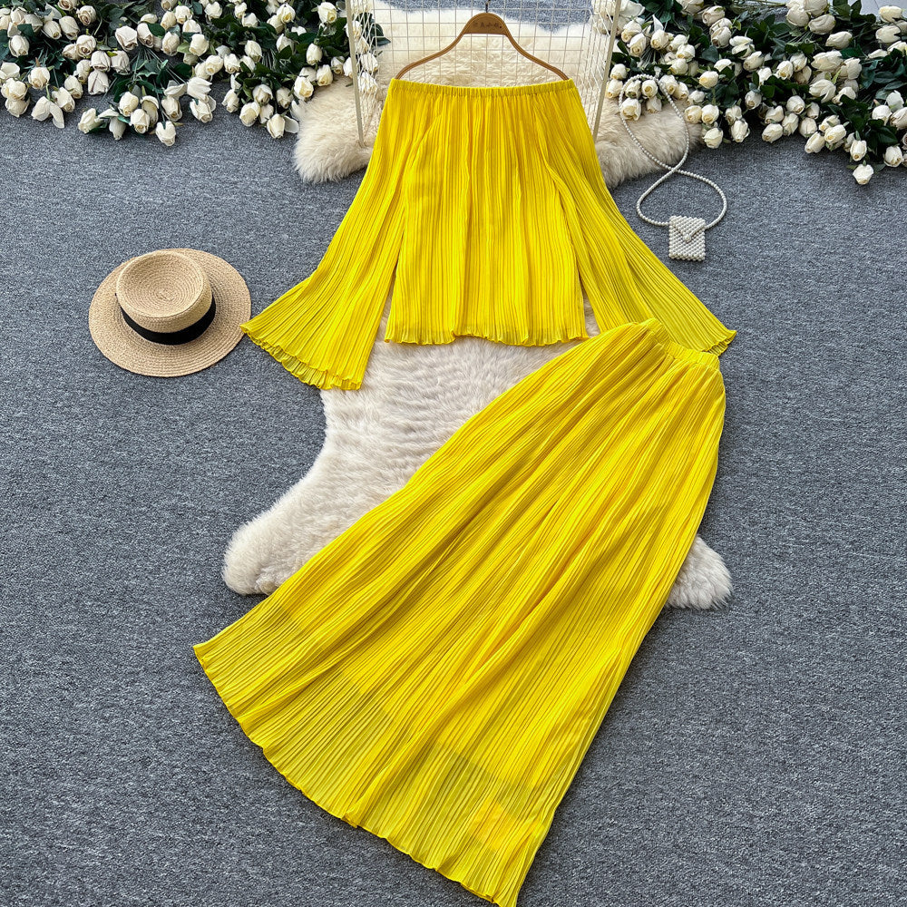 Vacation style yellow one shoulder two-piece set women's spring autum pleated long sleevespleated skirtelegantsuit dopamine style