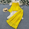 Vacation style yellow one shoulder two-piece set women's spring autum pleated long sleevespleated skirtelegantsuit dopamine style