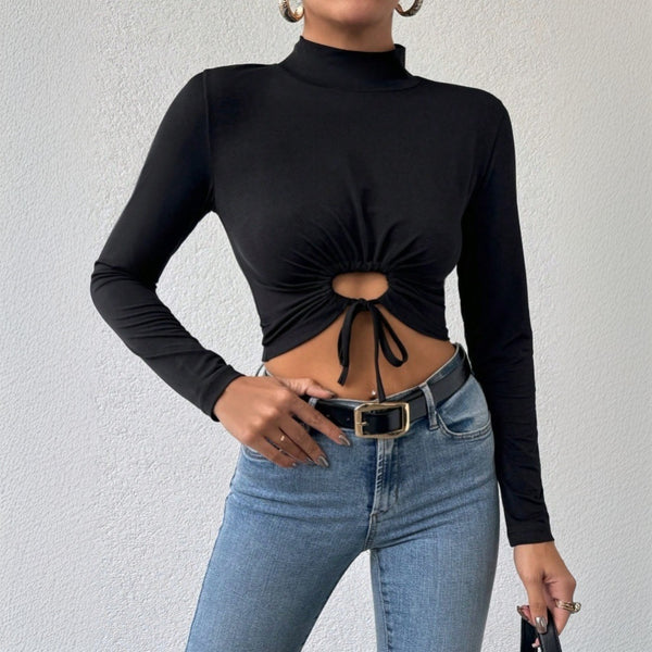 women's clothing 2024 autumn and winter new European and American sweet and spicy T-shirt semi-turtleneck short navel top
