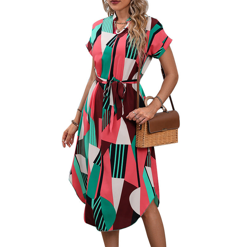 Ruihu Cross-border Independent Station Foreign Trade Women's Clothing 2025 European and American Holiday Style Color Block Dress Belt Short Sleeve Medium Skirt