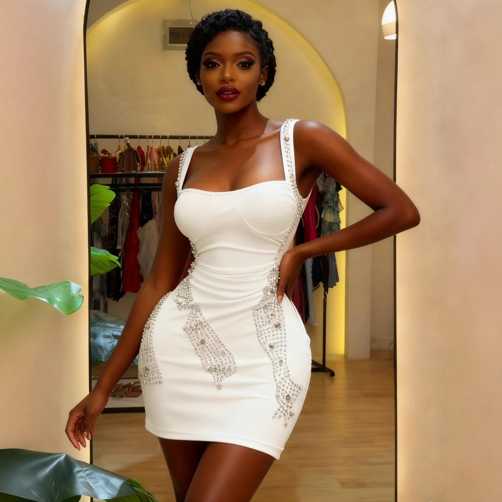 new silver bubble bead camisole dress - perfect for everyday wear or a light evening out. high-end, luxurious, niche design with a slimming, bodycon fit