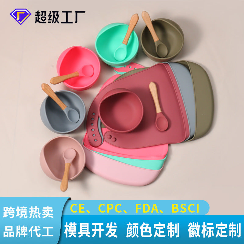 Dongguan Greene Factory Baby Silicone Bib Does Not Contain Bisphenol A Baby Saliva Pocket Children's Tableware Feeding Set
